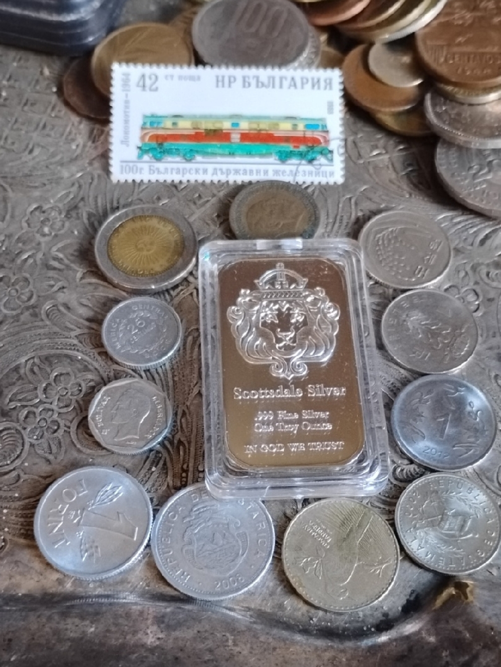 Scottsdale Silver .999 Fine Silver Plated Bullion Bar with Assorted Coins